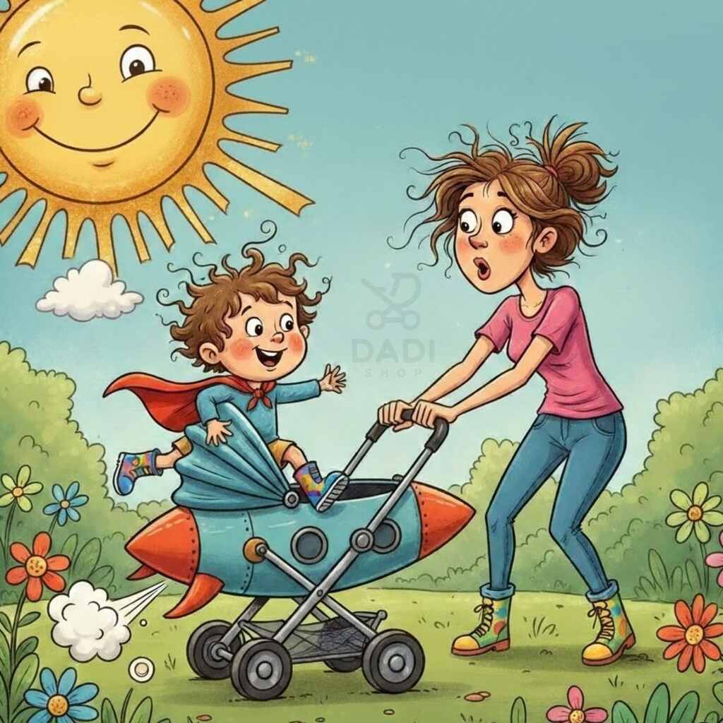 Ilustracja mamy pchającej wózek-rakietę z radosnym dzieckiem. Kreatywny sposób na zachęcenie malucha do jazdy w wózku.